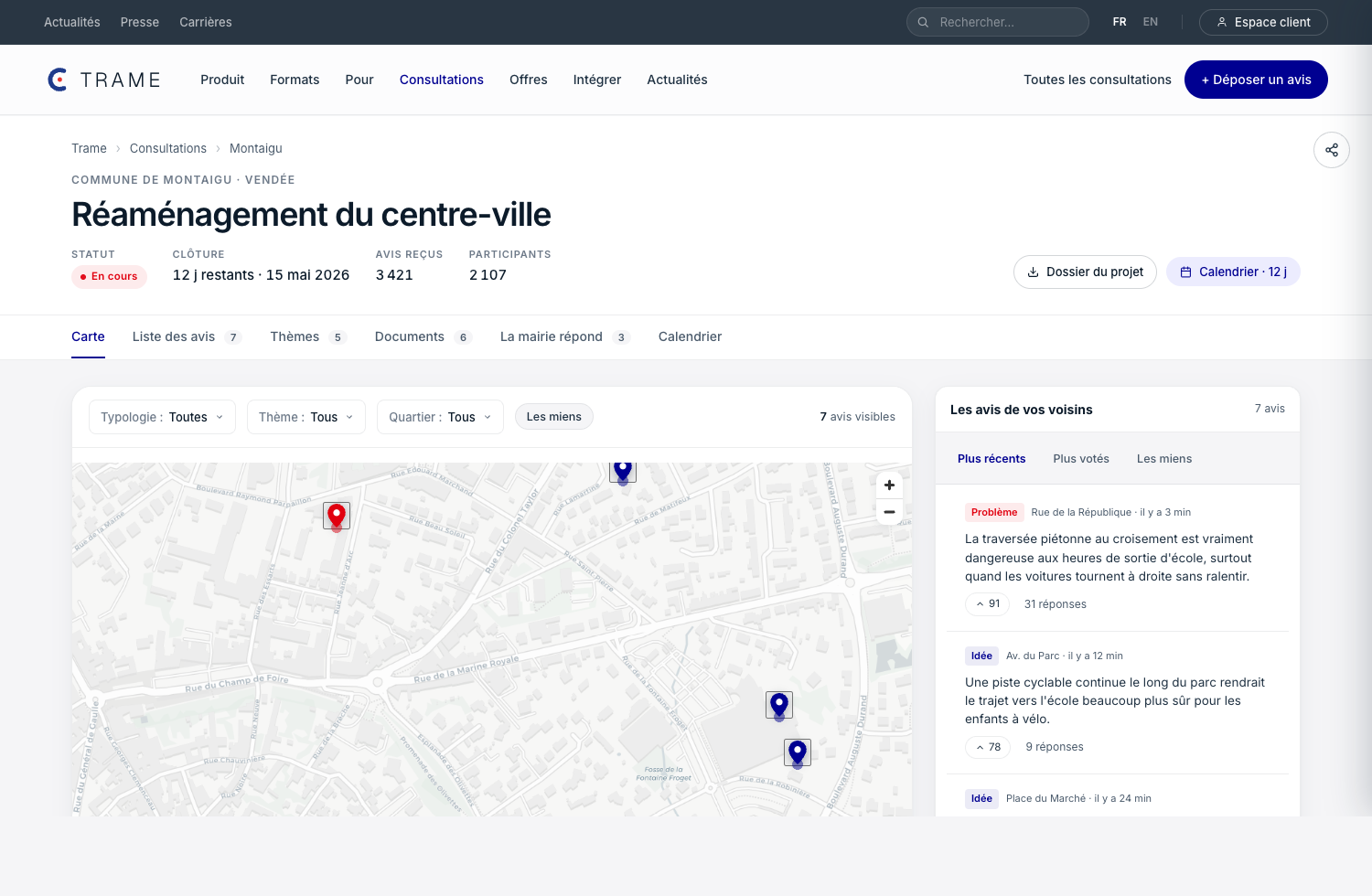 Capture d'une consultation Balisio · carte du projet avec avis géolocalisés des habitants