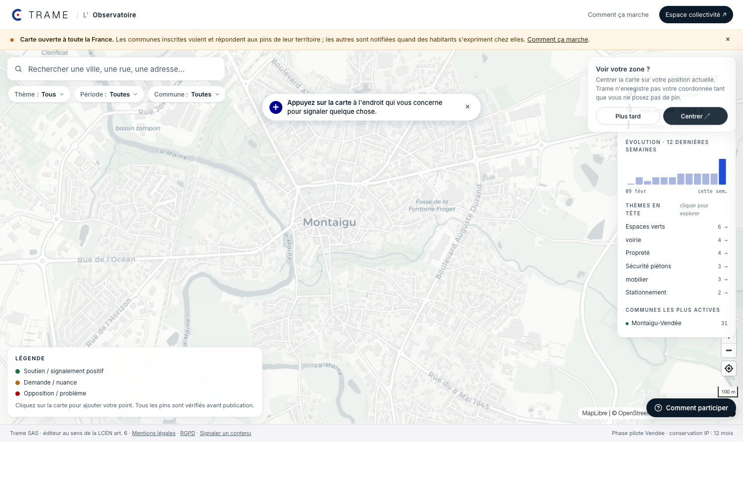 Capture de l'observatoire Balisio : carte de France avec signalements déposés par les habitants